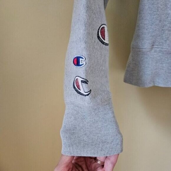 Champion Hoodie Mens S Grey Reverse Weave Kanga Pocket LS AOP Y2K Preppy Casual - Picture 8 of 12